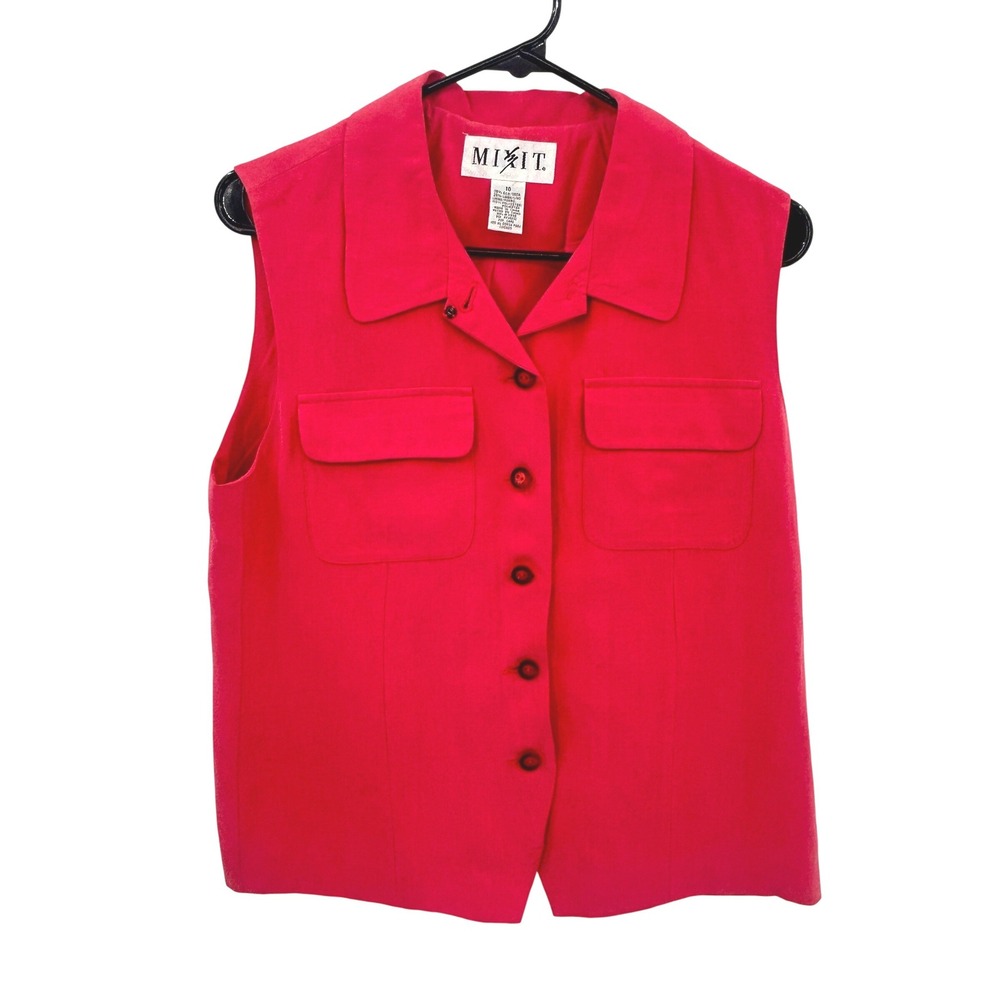 90s Silk Linen Vest Womens 10‎ Red Sleeveless Minimalist Old Money Vintage